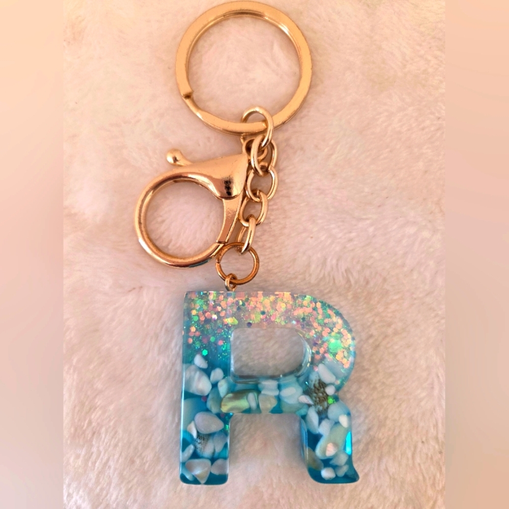Tropical Blue and Goldtone Initial 'R' Bag Charm Holder Keychain New